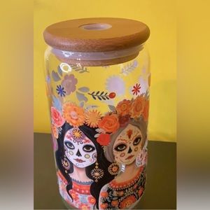 Day of The Dead Vibrant Colors 16oz Glass Libby Cup w/ Glass Straw